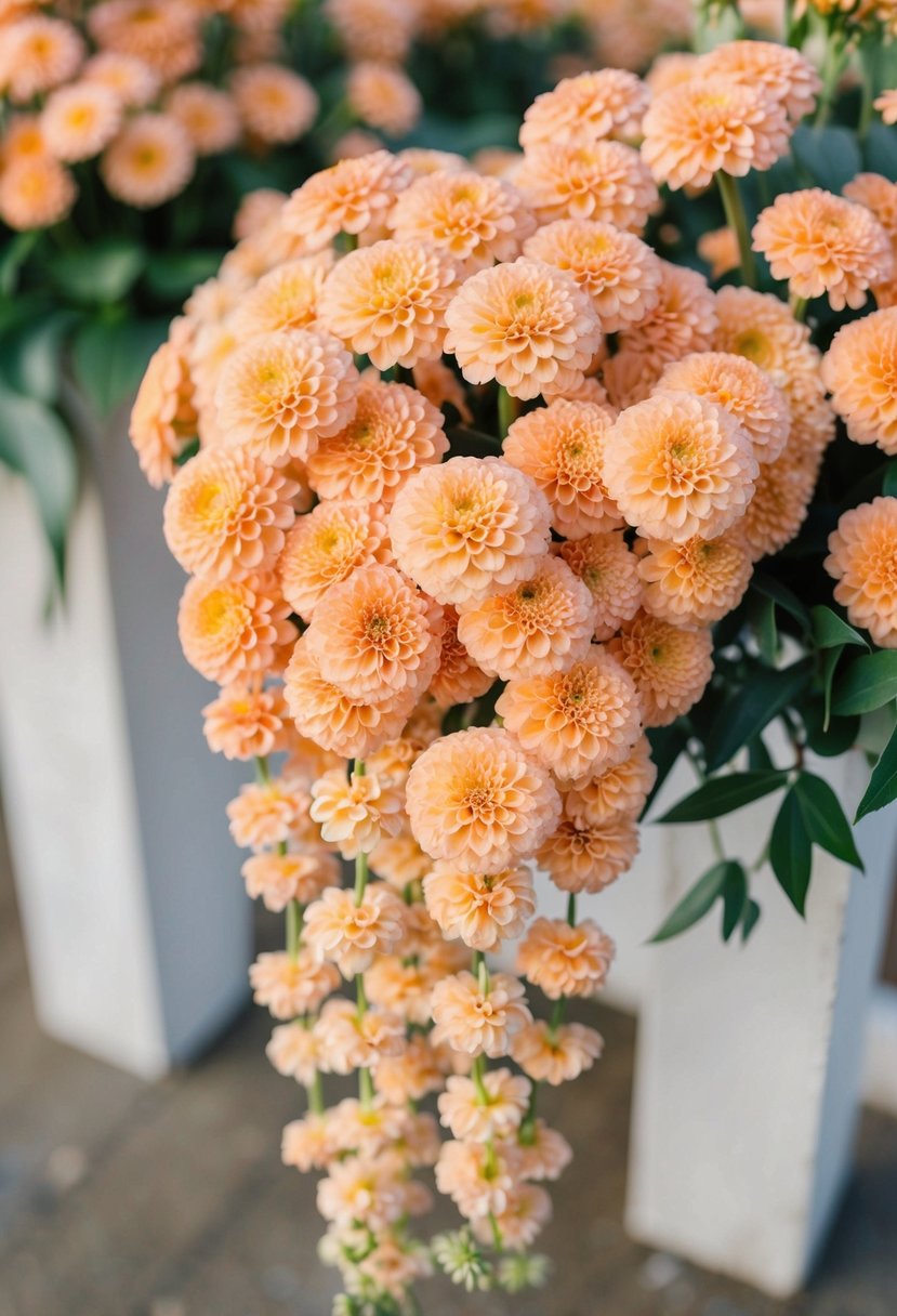 A cascade of peach zinnias in an elegant wedding bouquet