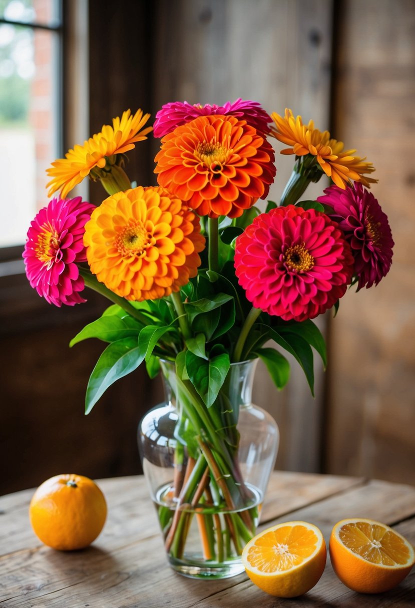 A vibrant bouquet of bright zinnias with citrus accents sits in a clear glass vase on a rustic wooden table