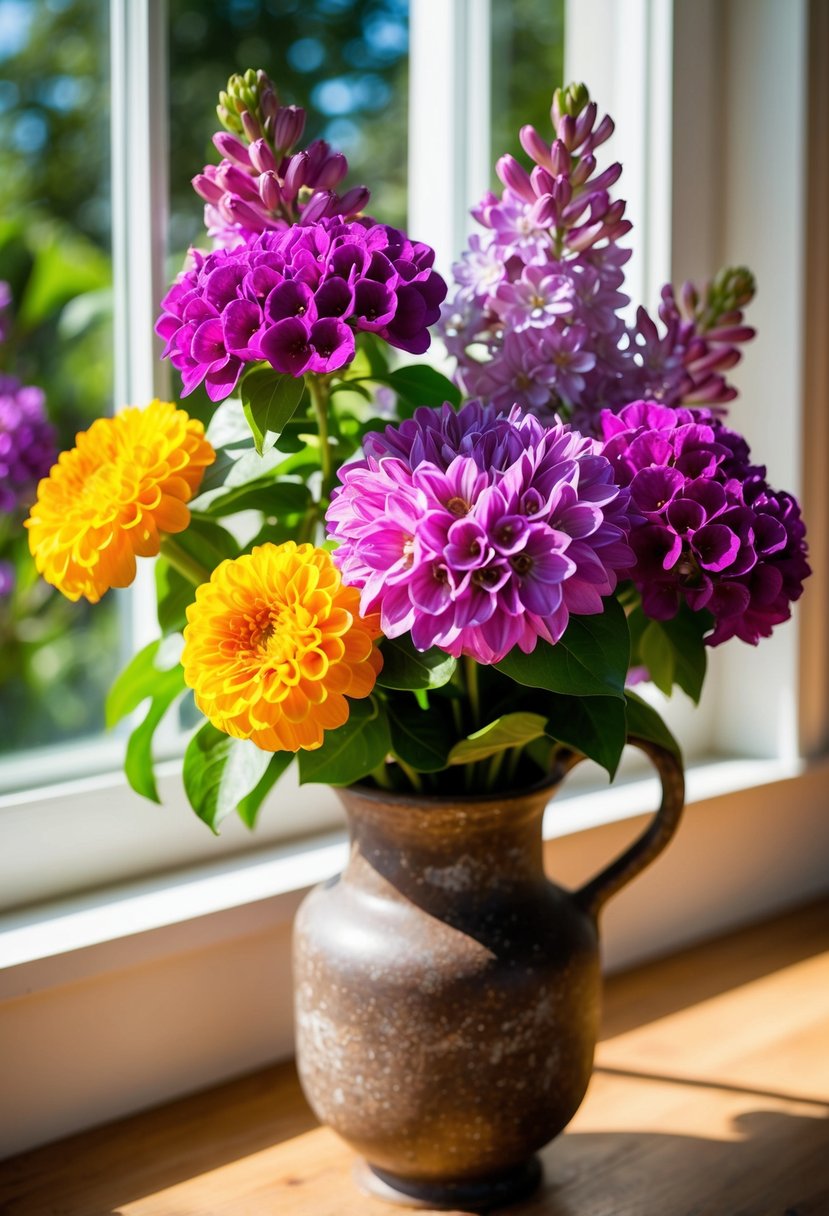 A vibrant bouquet of zinnias and lilacs in a rustic vase on a sunlit windowsill