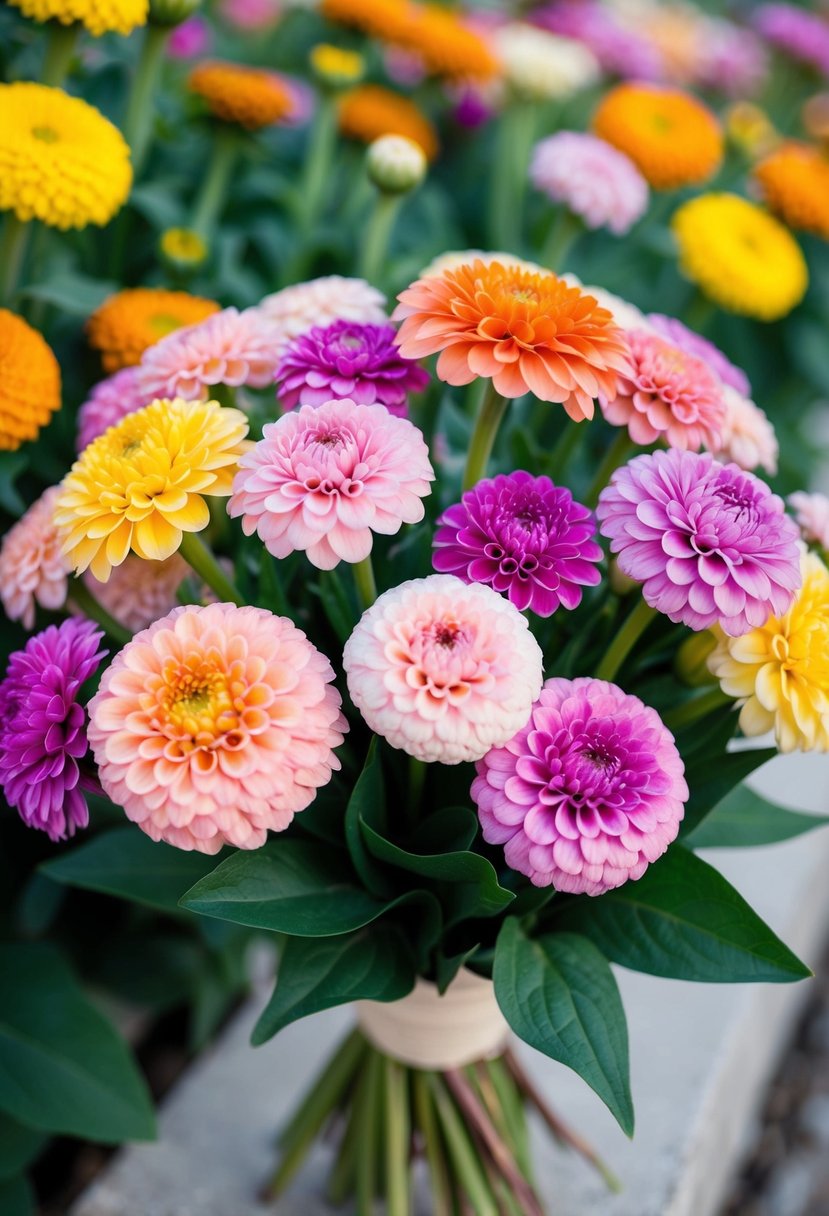 A vibrant bouquet of pastel zinnias arranged in a handpicked style, bursting with color and natural beauty