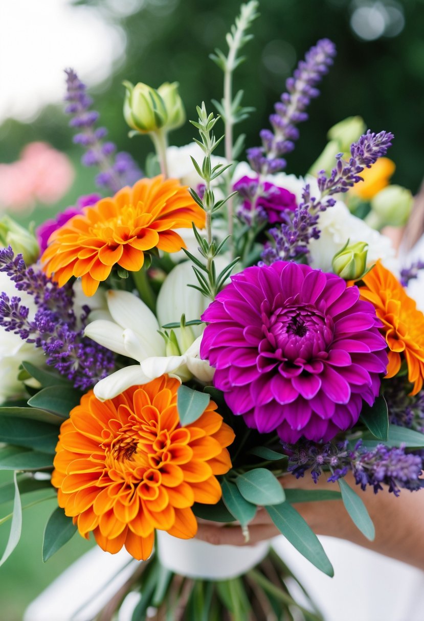 Lush zinnias mixed with delicate lavender sprigs in a vibrant wedding bouquet