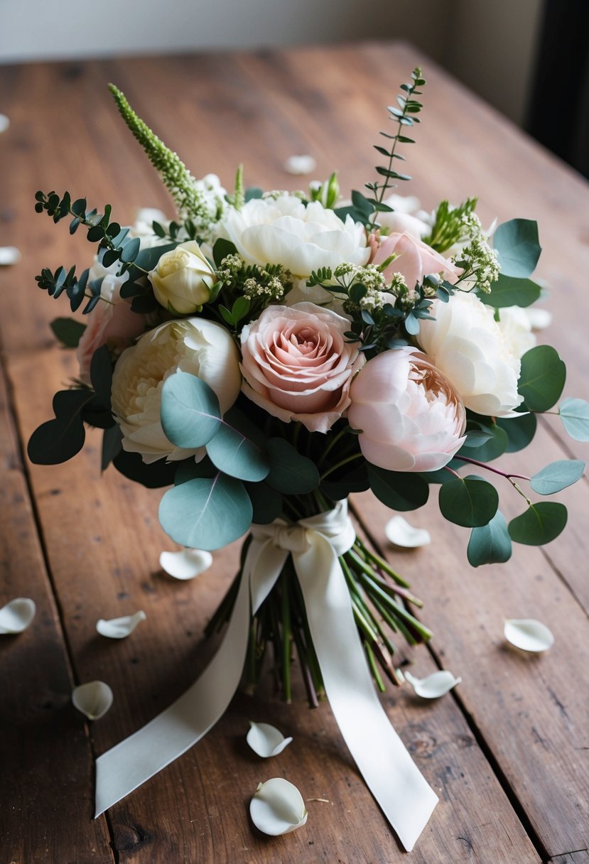 A beautiful wedding bouquet featuring roses, peonies, and eucalyptus tied with a silk ribbon, surrounded by scattered petals on a rustic wooden table