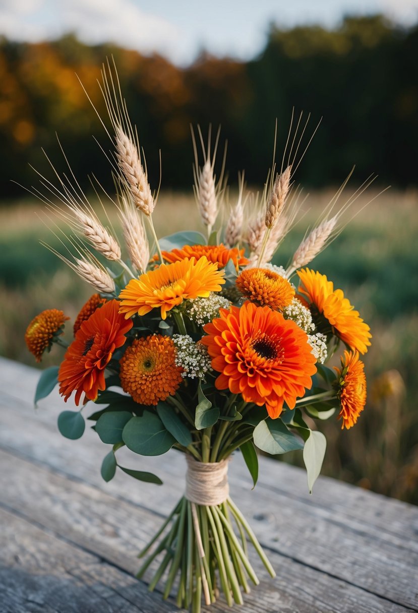 A rustic wedding bouquet featuring vibrant autumn zinnias and delicate wheat stalks