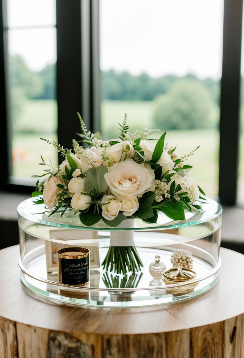 A clear resin tray encasing wedding bouquet and keepsake items