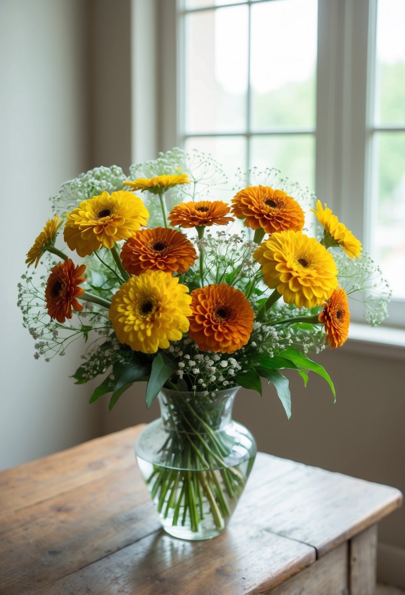 A delicate bouquet of zinnias and baby's breath, arranged in a glass vase on a rustic wooden table, with soft natural light filtering through a nearby window