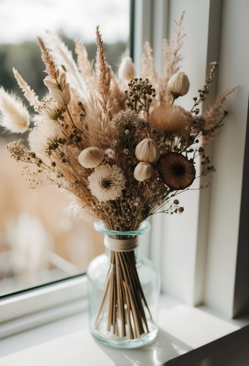 A delicate bouquet of dried flowers arranged in a glass frame, capturing the beauty of a wedding keepsake