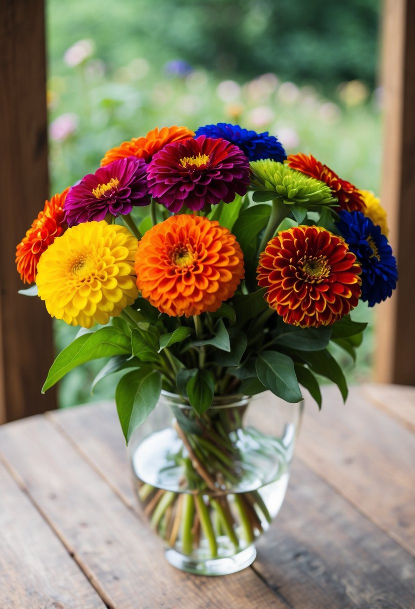 A vibrant bouquet of rainbow zinnias in a glass vase on a rustic wooden table with soft natural lighting