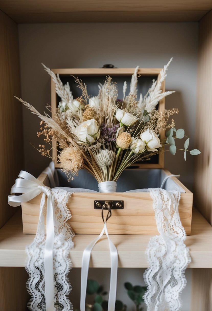 A shadow box filled with dried wedding bouquet flowers, surrounded by delicate lace and ribbon, displayed on a wooden shelf