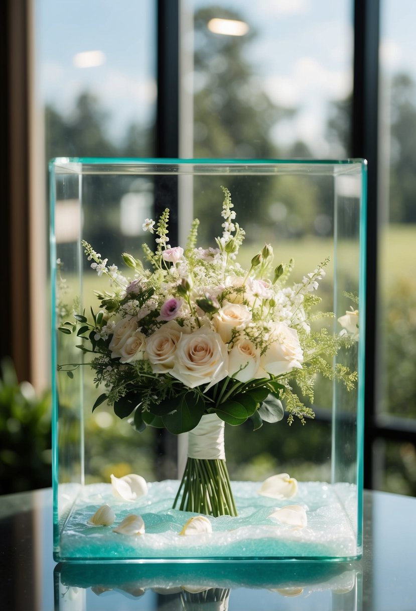 A wedding bouquet encased in silica gel, surrounded by delicate flower petals and greenery, preserved for eternity in a glass display case