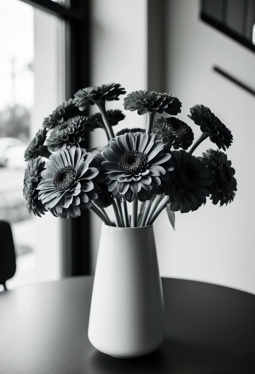 A sleek, monochrome zinnia bouquet in a clean, modern vase