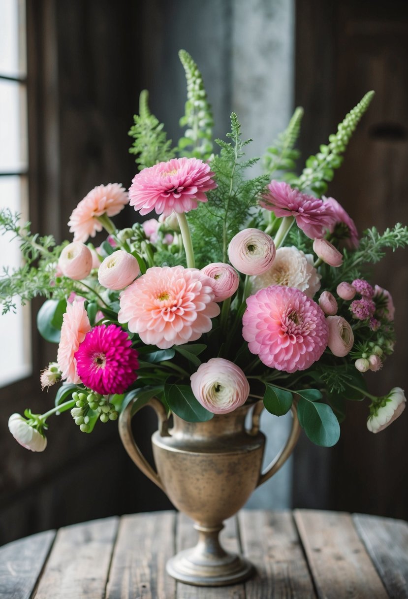 A lush bouquet of soft pink zinnias and ranunculus, with delicate greenery, in a vintage vase on a rustic wooden table