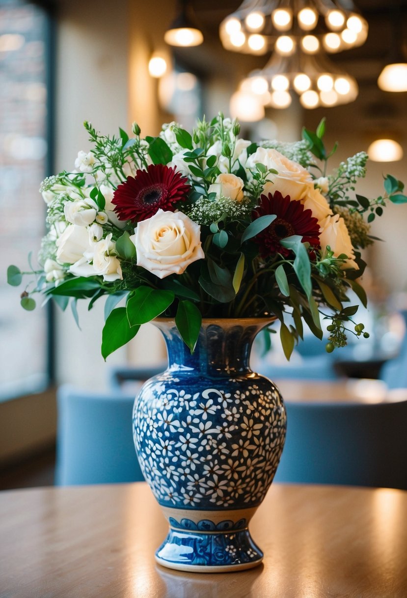 A bride's bouquet placed in a decorative ceramic vase on a table