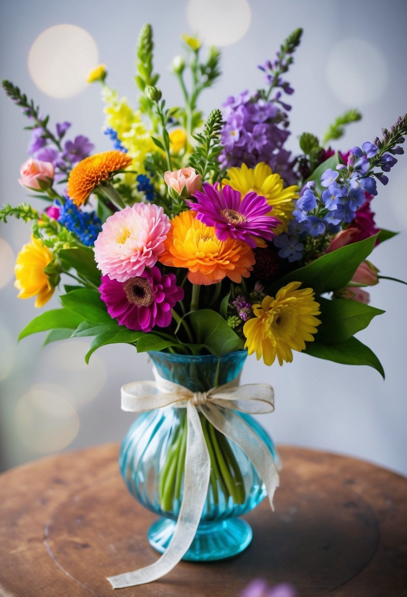 A vibrant watercolor bouquet of assorted flowers, tied with a delicate ribbon, resting in a vintage glass vase