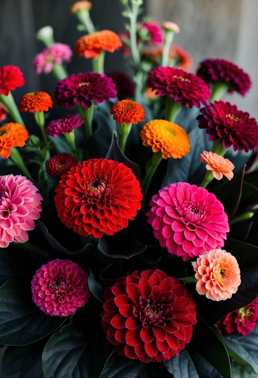 Vibrant zinnias in various shades of red, pink, and orange contrast against deep, dark foliage in a lush and dramatic wedding bouquet