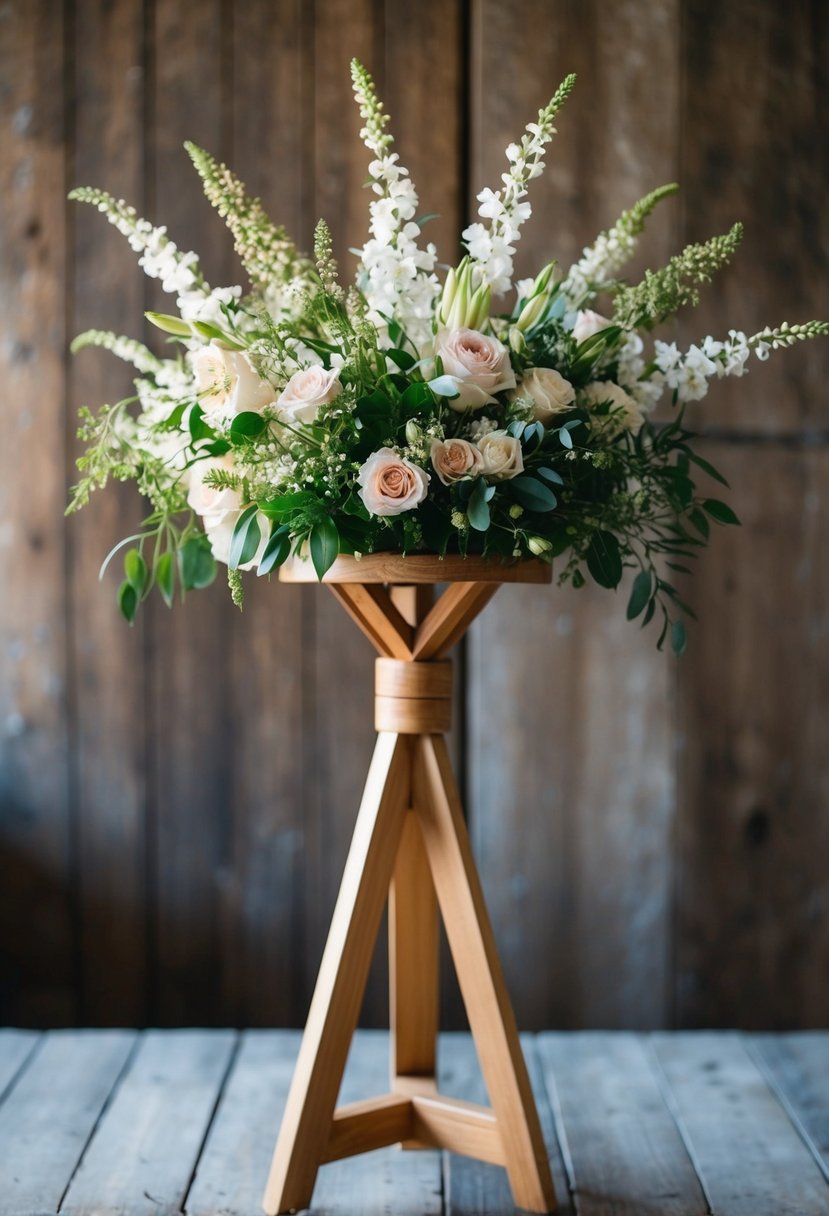 A wooden bouquet stand holds a delicate arrangement of flowers, set against a rustic backdrop