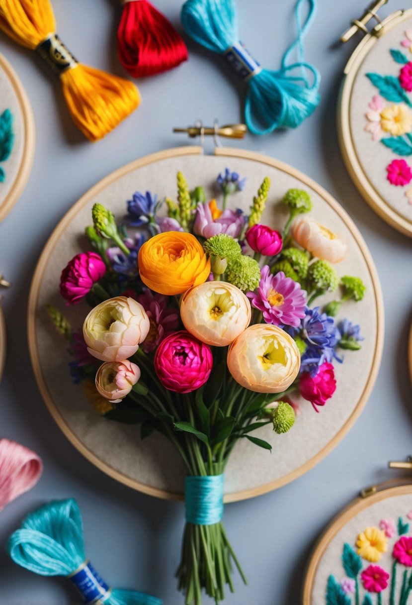 A colorful bouquet of flowers surrounded by embroidery hoops and thread, creating a beautiful keepsake art piece