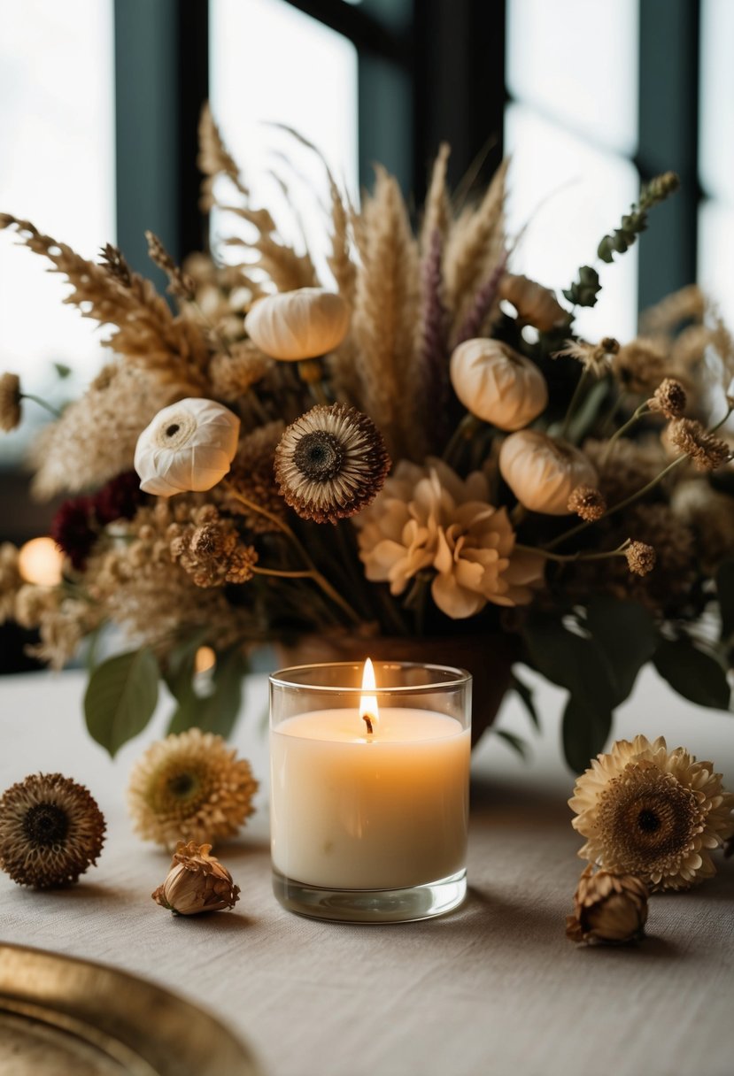 A preserved flower candle sits on a table surrounded by dried wedding bouquet flowers