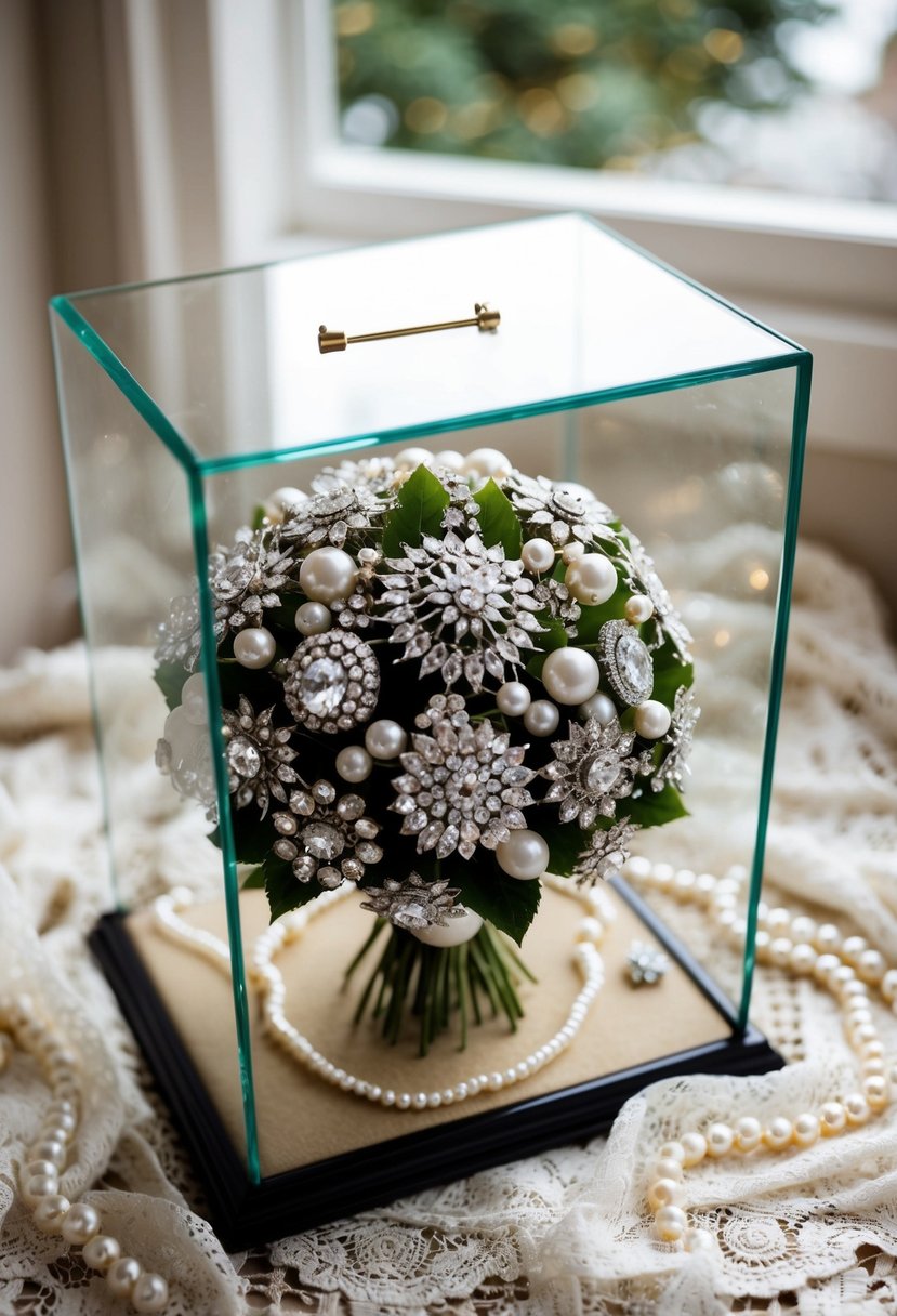 A glass display case holds a stunning brooch bouquet, surrounded by delicate lace and pearls