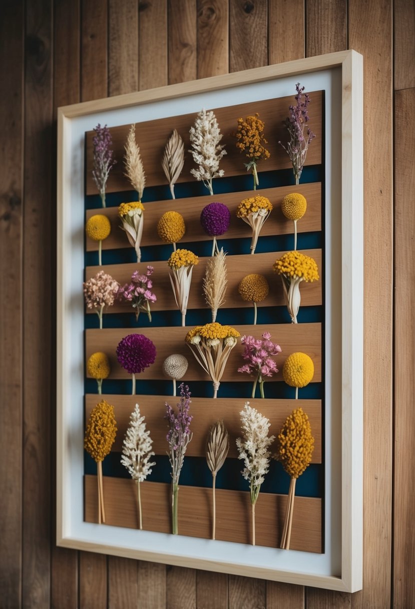 A collection of dried flowers arranged in a decorative pattern on a wooden background, framed and displayed as wall art