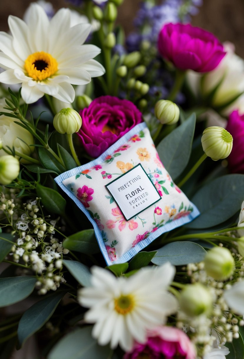 A delicate floral scented sachet nestled among a vibrant wedding bouquet, adding a touch of fragrance to the scene