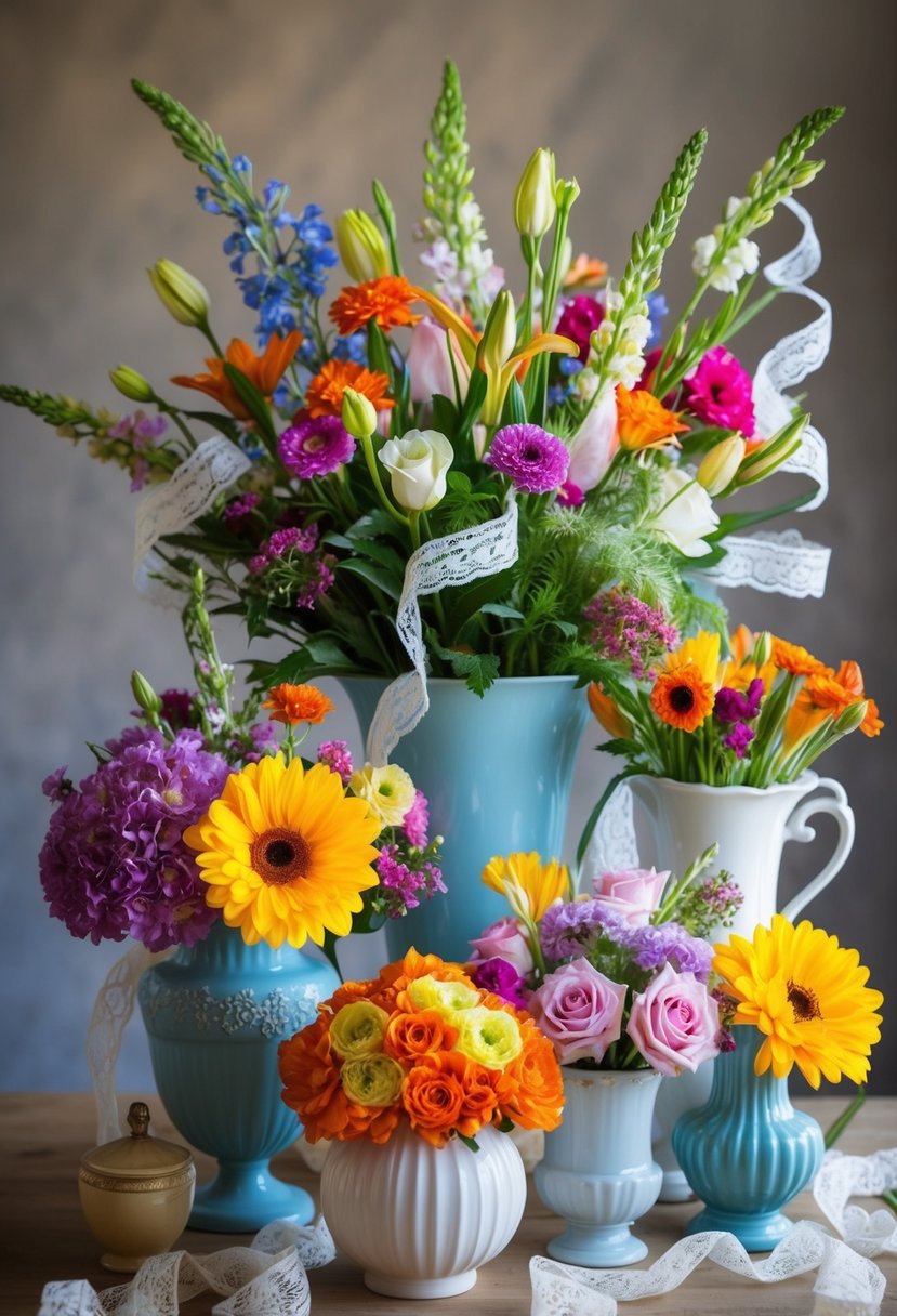 A collection of colorful flowers arranged in a variety of elegant vases and containers, with delicate ribbons and lace intertwined amongst them