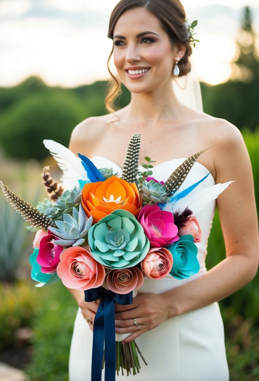 A bride holding a bouquet of colorful paper flowers, succulents, and feathers tied with a ribbon