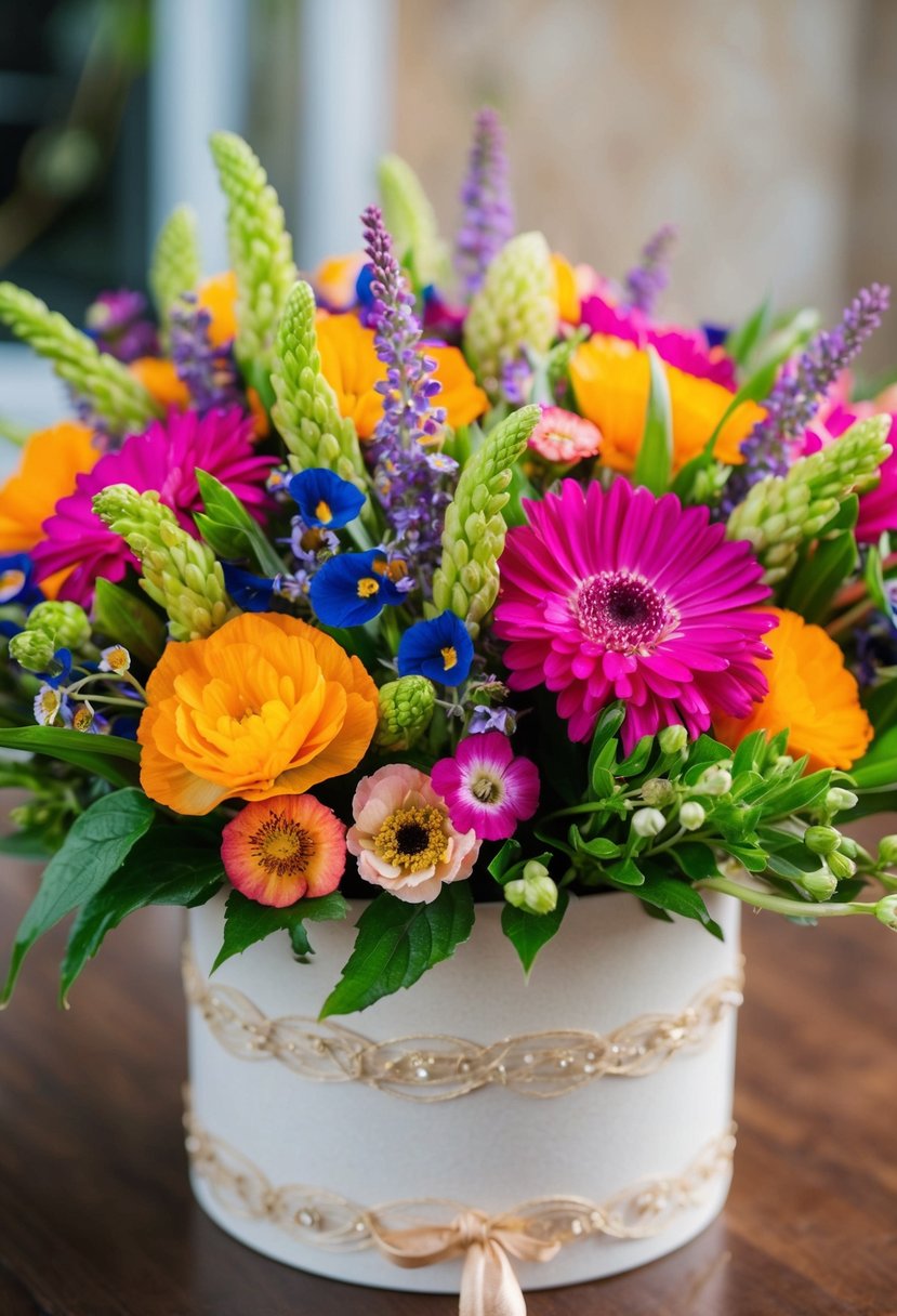 A lush bouquet of vibrant edible flowers arranged in a delicate, handcrafted keepsake box