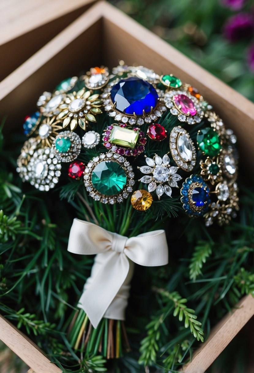 A colorful brooch bouquet with vintage pins and jewels, nestled in a bed of greenery and tied with a ribbon