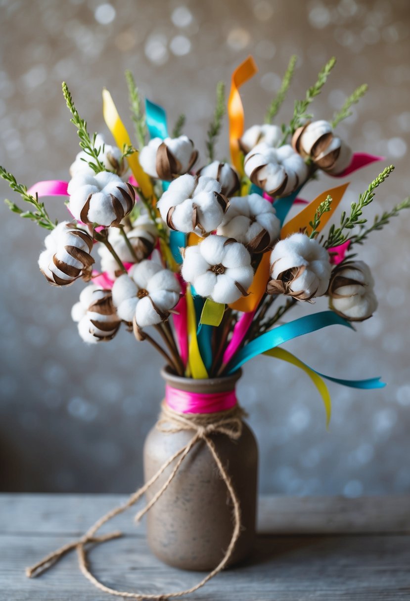 A whimsical wedding bouquet of cotton stems, accented with colorful ribbons and twine, arranged in a rustic vase