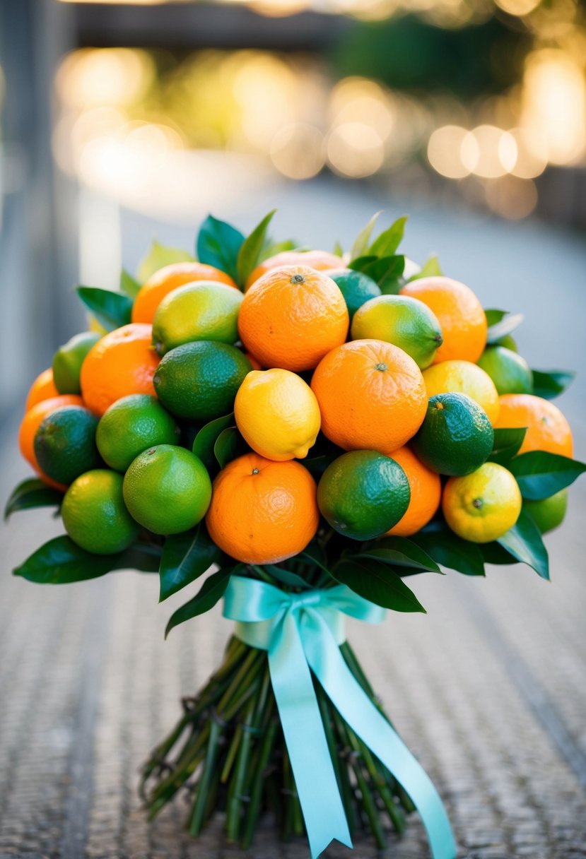 A vibrant bouquet of oranges, lemons, and limes, tied with a ribbon