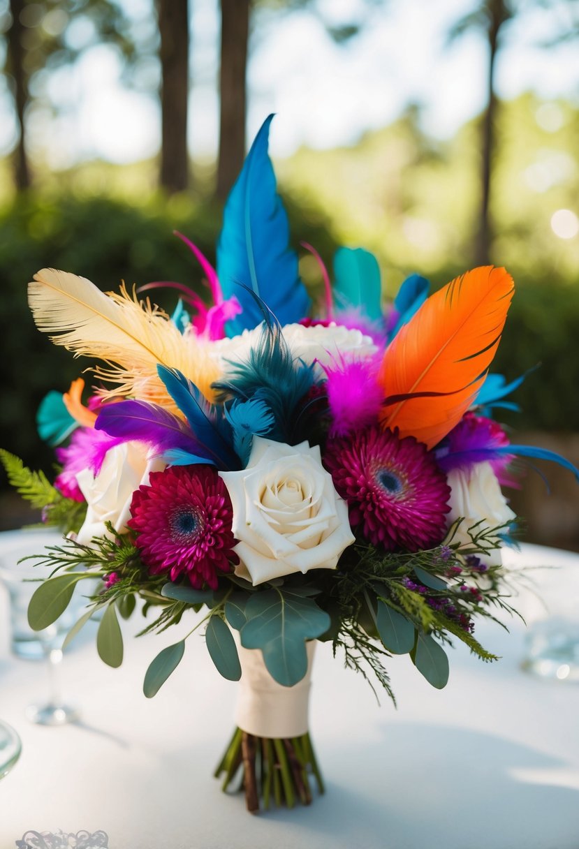 A whimsical wedding bouquet featuring colorful feathers and unique accents