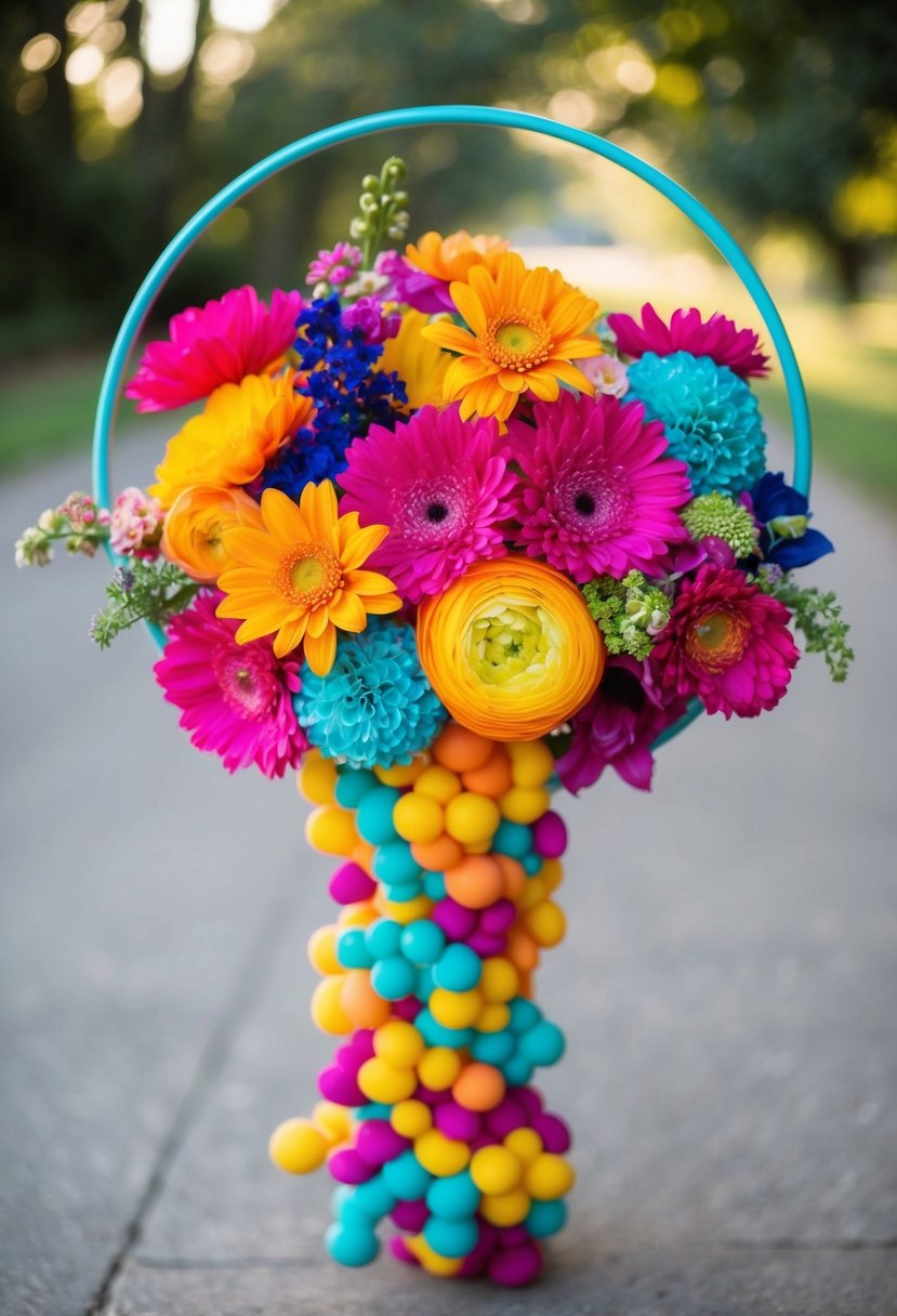 A whimsical arrangement of colorful hoops entwined with vibrant, oversized flowers, creating a unique and playful wedding bouquet idea