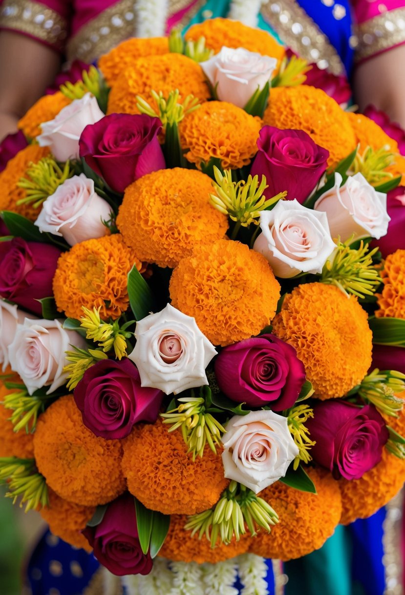 A colorful array of marigolds, roses, and jasmine arranged in a traditional Indian wedding bouquet