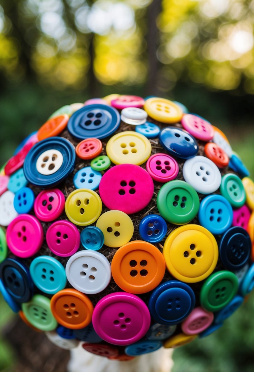 A colorful array of buttons in various sizes and shapes arranged in a whimsical wedding bouquet design