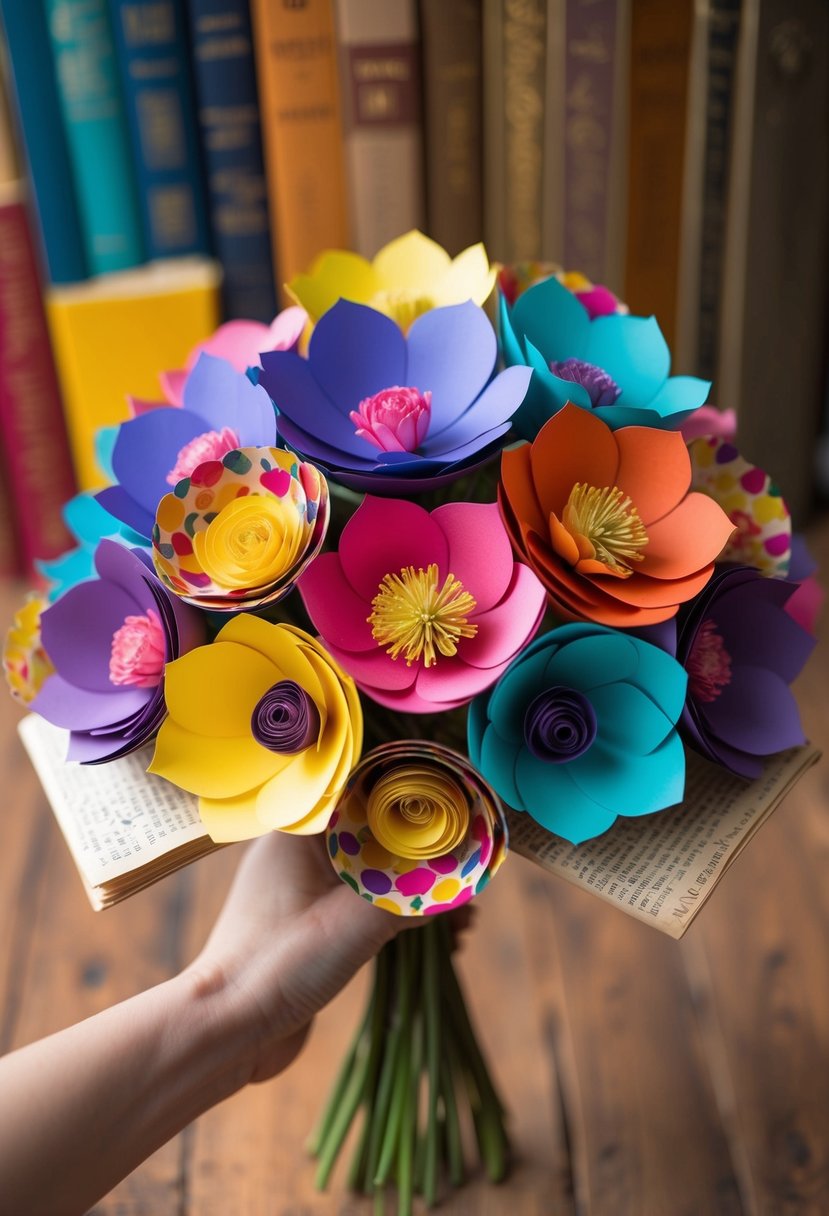 A whimsical bouquet of paper flowers in vibrant colors, accented with quirky elements like vintage book pages and whimsical patterns