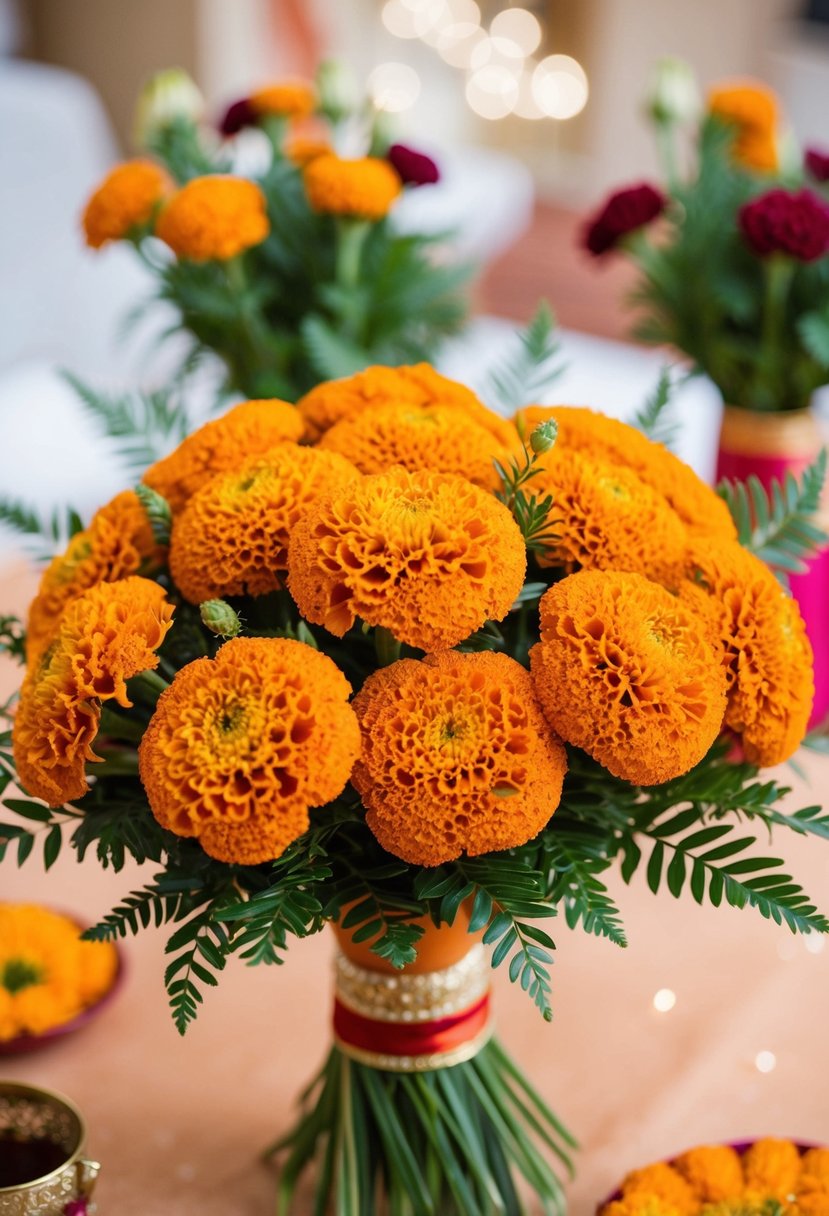 Vibrant marigold clusters arranged in a decorative Indian wedding bouquet