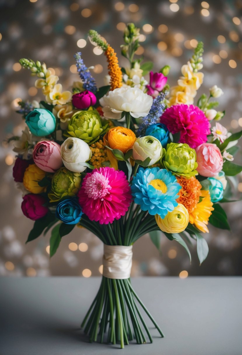 A colorful assortment of silk flowers arranged in a playful and unconventional manner, creating a unique and whimsical wedding bouquet