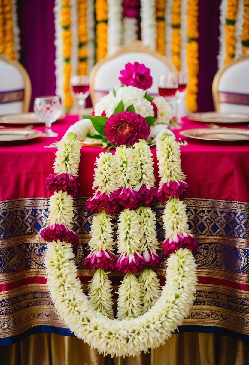 An ornate, fragrant jasmine gajra bouquet drapes over a traditional Indian wedding table, adorned with vibrant colors and intricate patterns