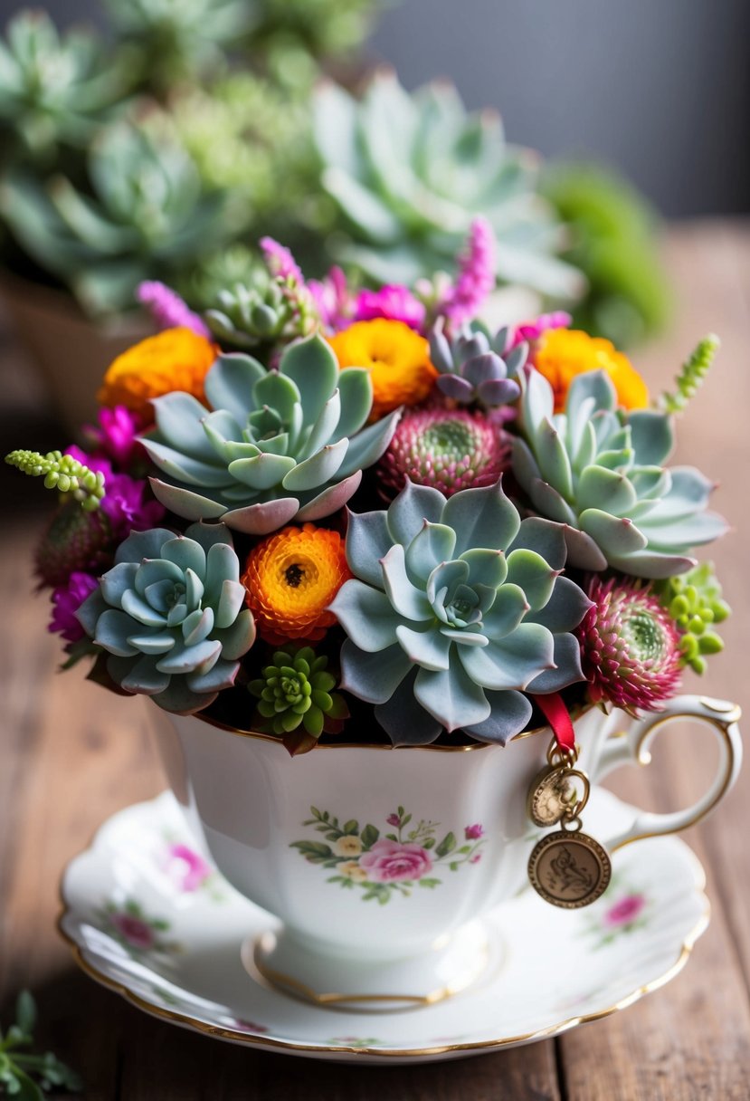 A whimsical bouquet of succulents and colorful blooms arranged in a vintage teacup and adorned with ribbon and charms