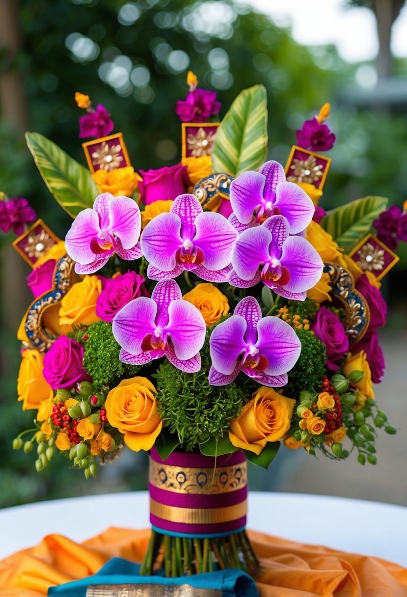 A vibrant fusion bouquet with orchids and roses, accented with traditional Indian motifs and colors