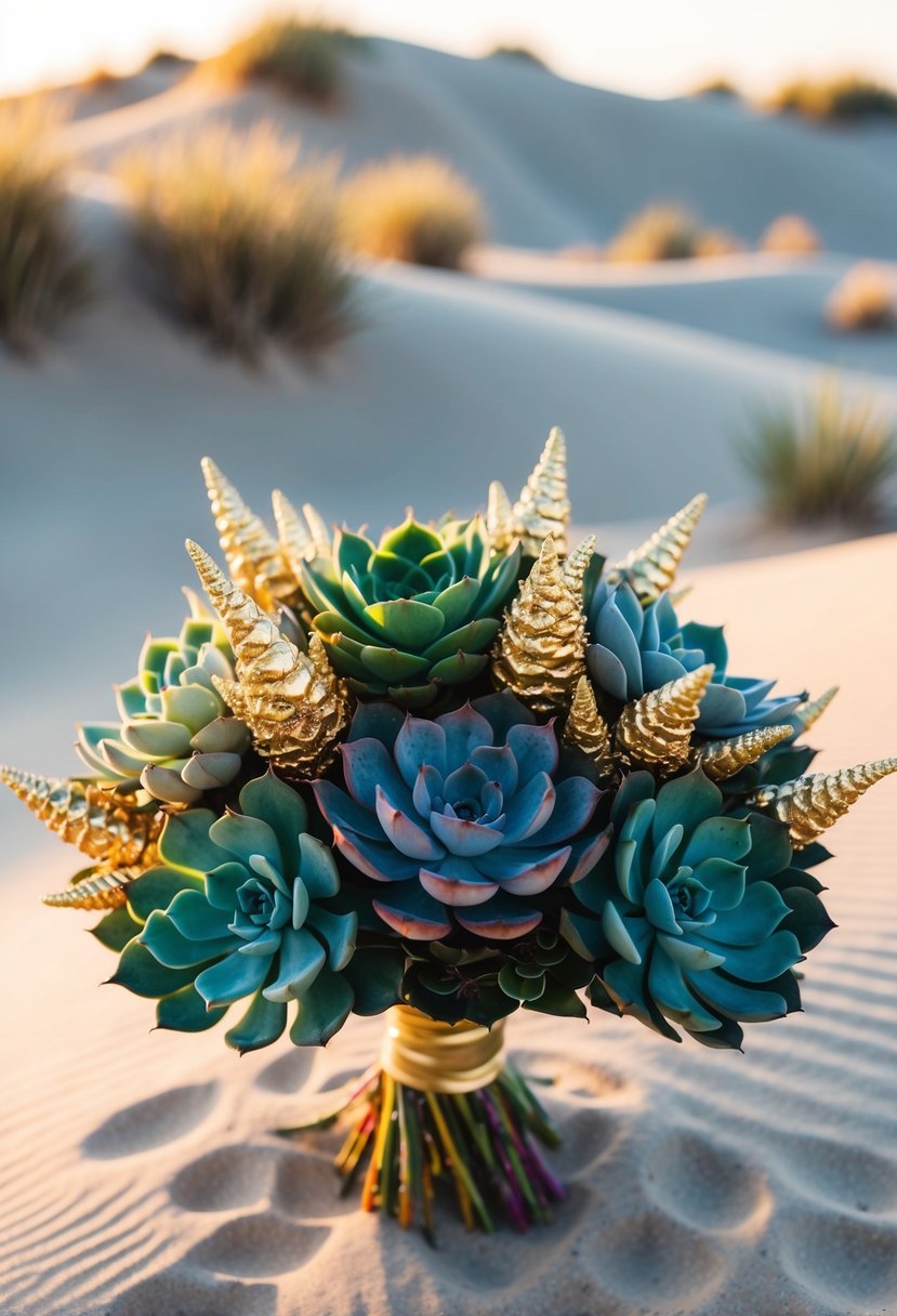 A bouquet of vibrant succulents and metallic gold accents, set against a backdrop of sandy dunes and shimmering desert flora