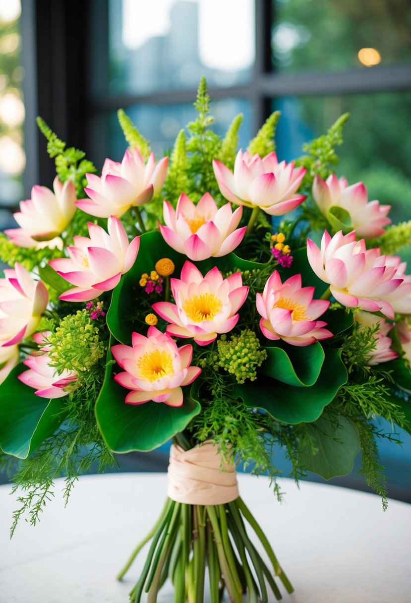 A vibrant bouquet of lotus blooms arranged with greenery and small accents, perfect for an Indian wedding