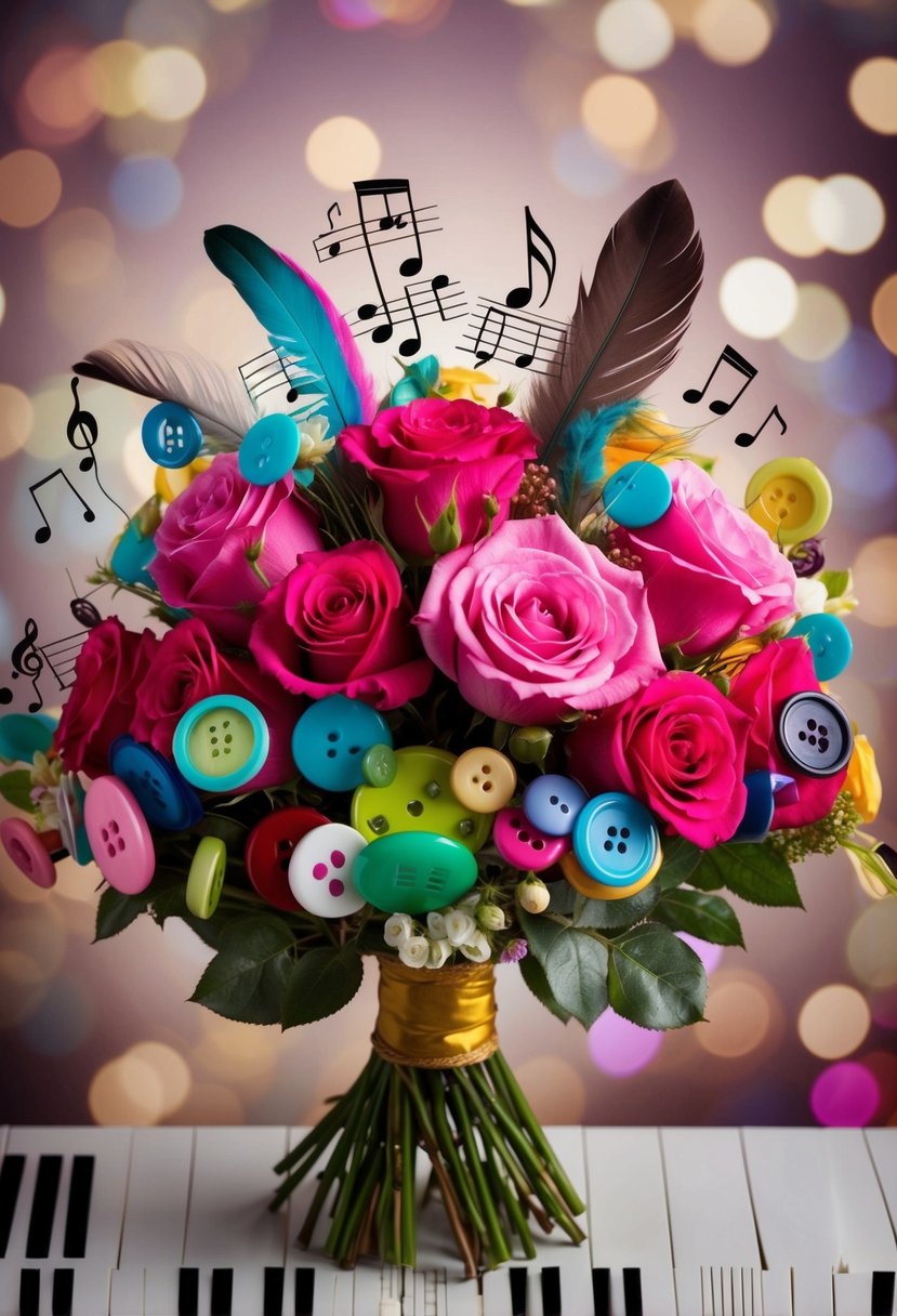 A colorful bouquet of roses, music notes, and quirky elements like vintage buttons and feathers, arranged in a playful and whimsical manner