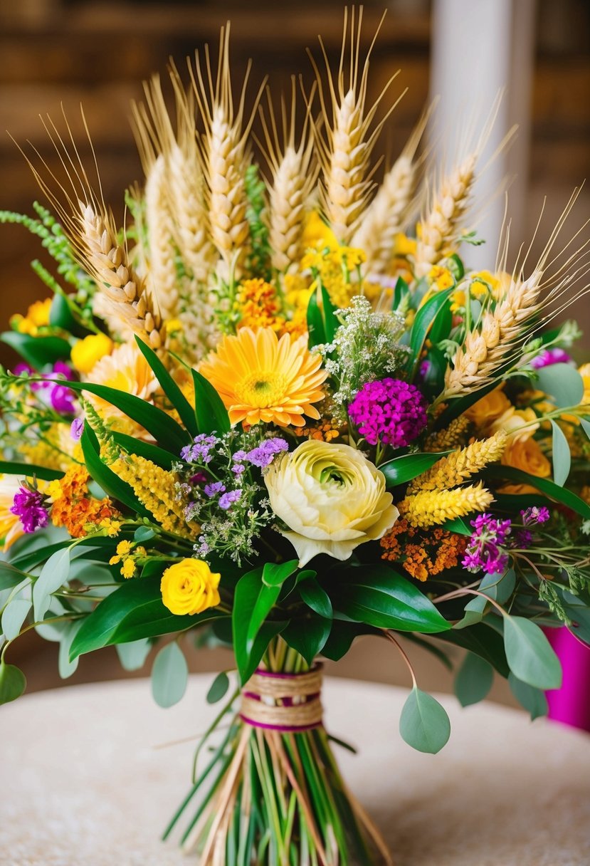 A vibrant bouquet of golden wheat and colorful flowers, intertwined with delicate greenery, evoking the essence of a rustic Indian wedding celebration