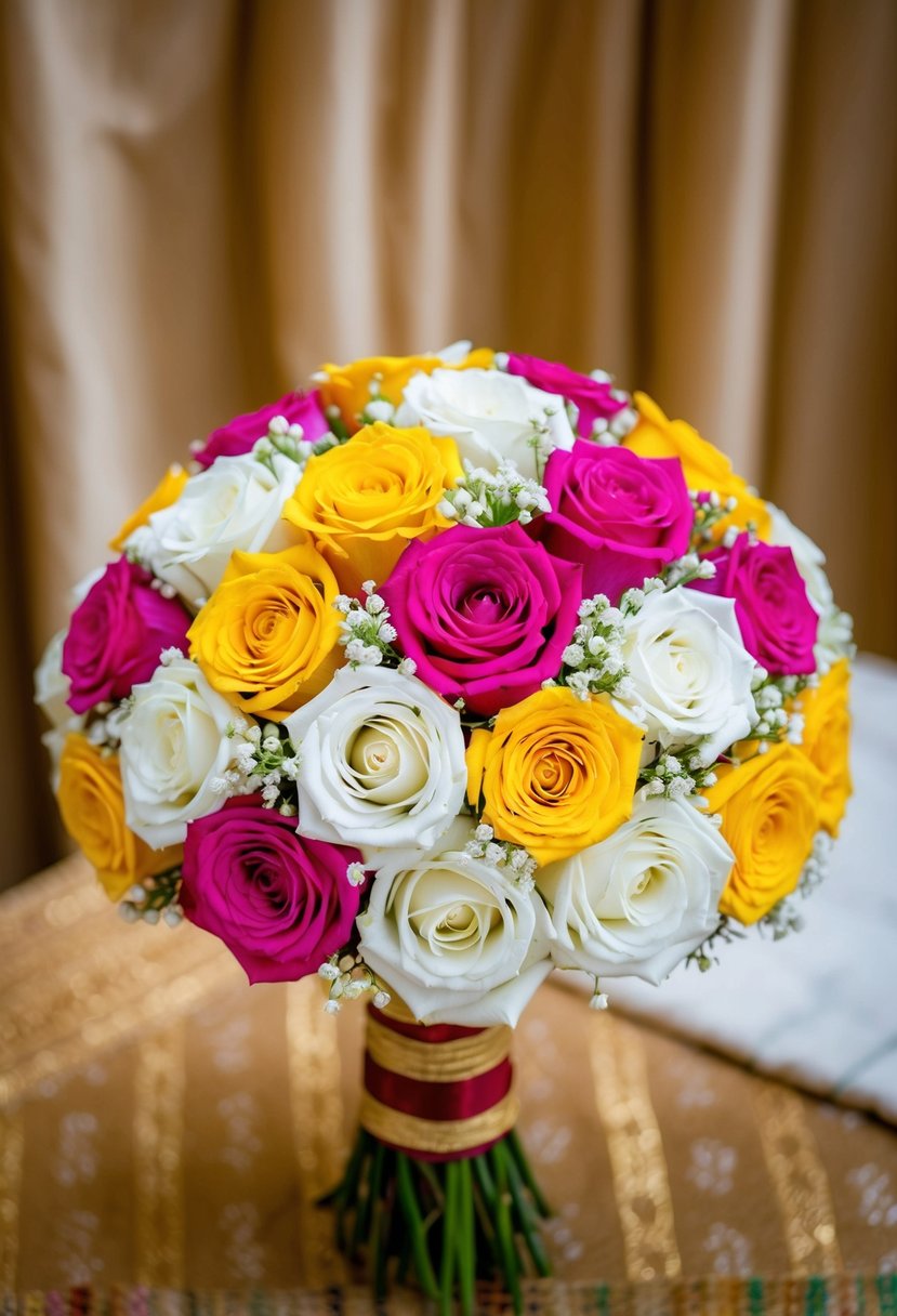 A colorful bouquet of jasmine and rose bundles arranged in a traditional Indian wedding style