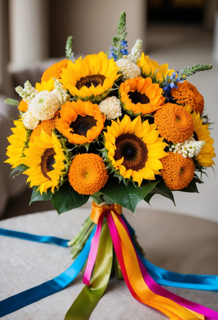 Vibrant sunflowers arranged with marigolds and jasmine, adorned with gold accents and colorful ribbons for an Indian wedding bouquet