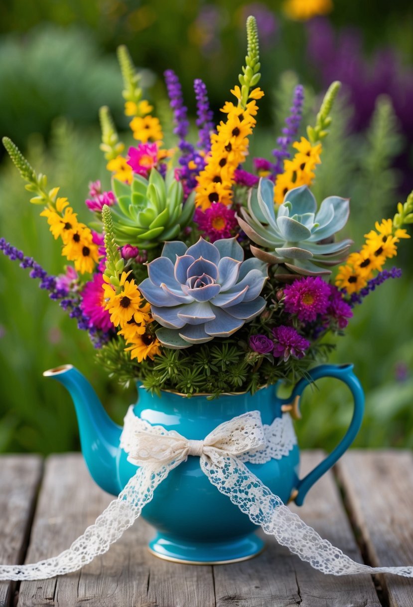 A colorful array of wildflowers and succulents arranged in a vintage teapot and wrapped in lace ribbon