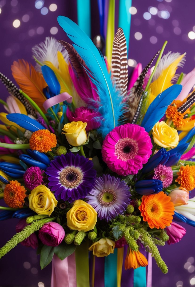 A vibrant assortment of unique and colorful flowers arranged in a playful and unconventional manner, with unexpected elements like feathers and ribbons woven throughout