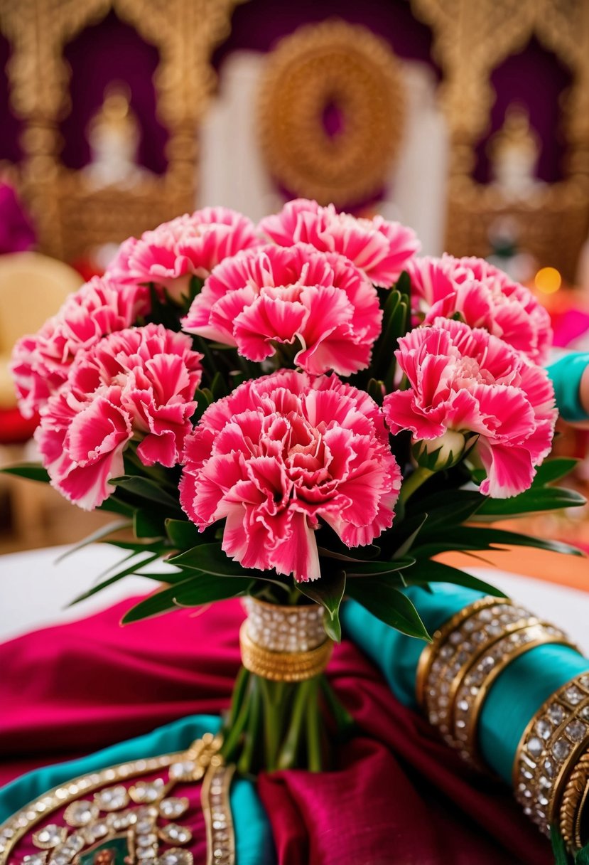 A vibrant bouquet of classic carnation corsages arranged in an ornate Indian wedding setting