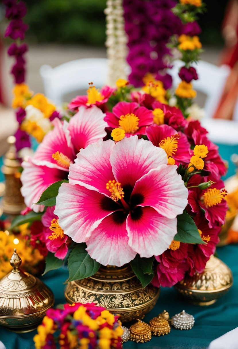 A vibrant hibiscus bouquet sits amongst traditional Indian wedding decor, adding a pop of color and elegance to the celebration